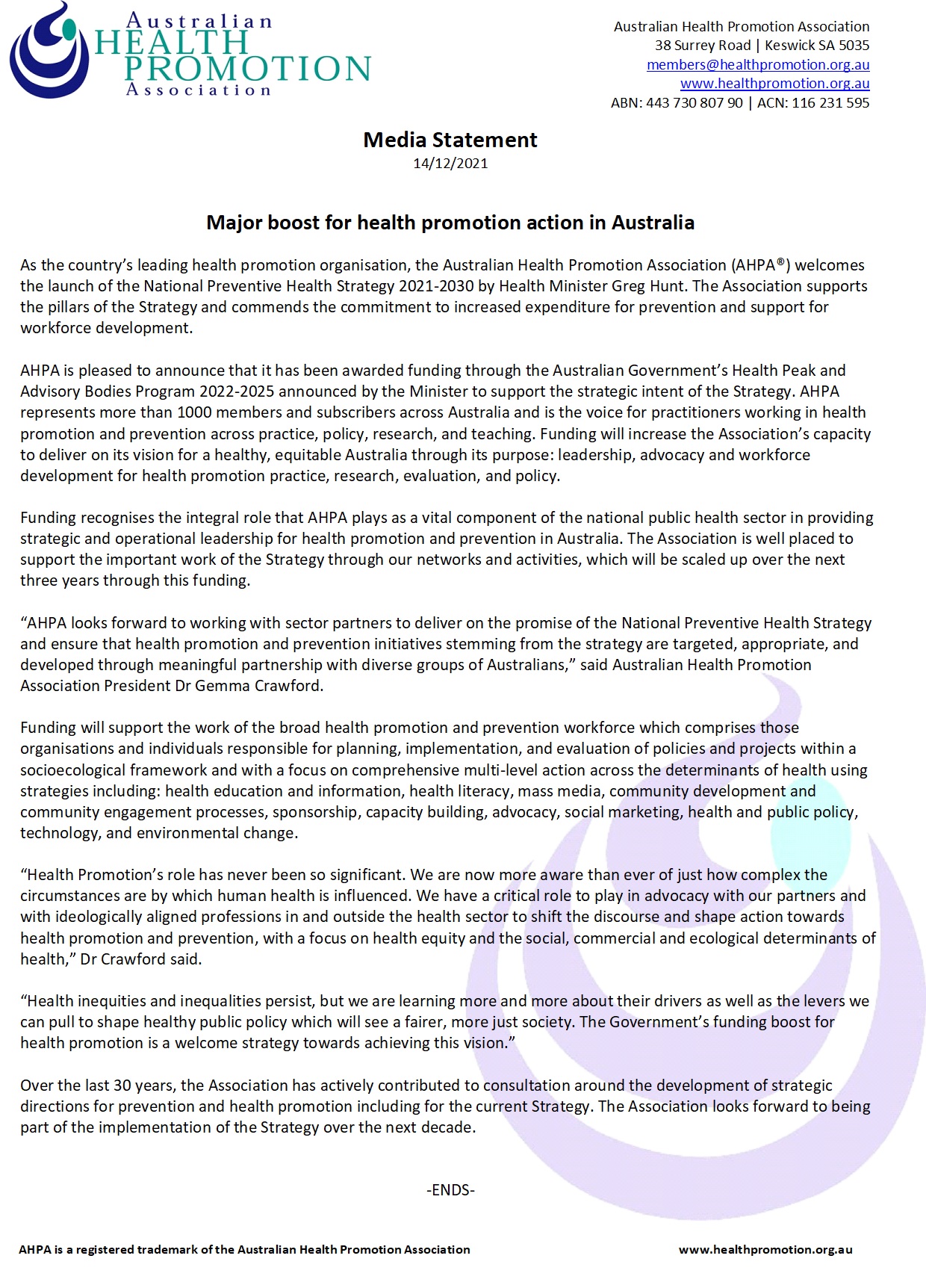 Media Statement Major funding boost for health promotion action in Aus